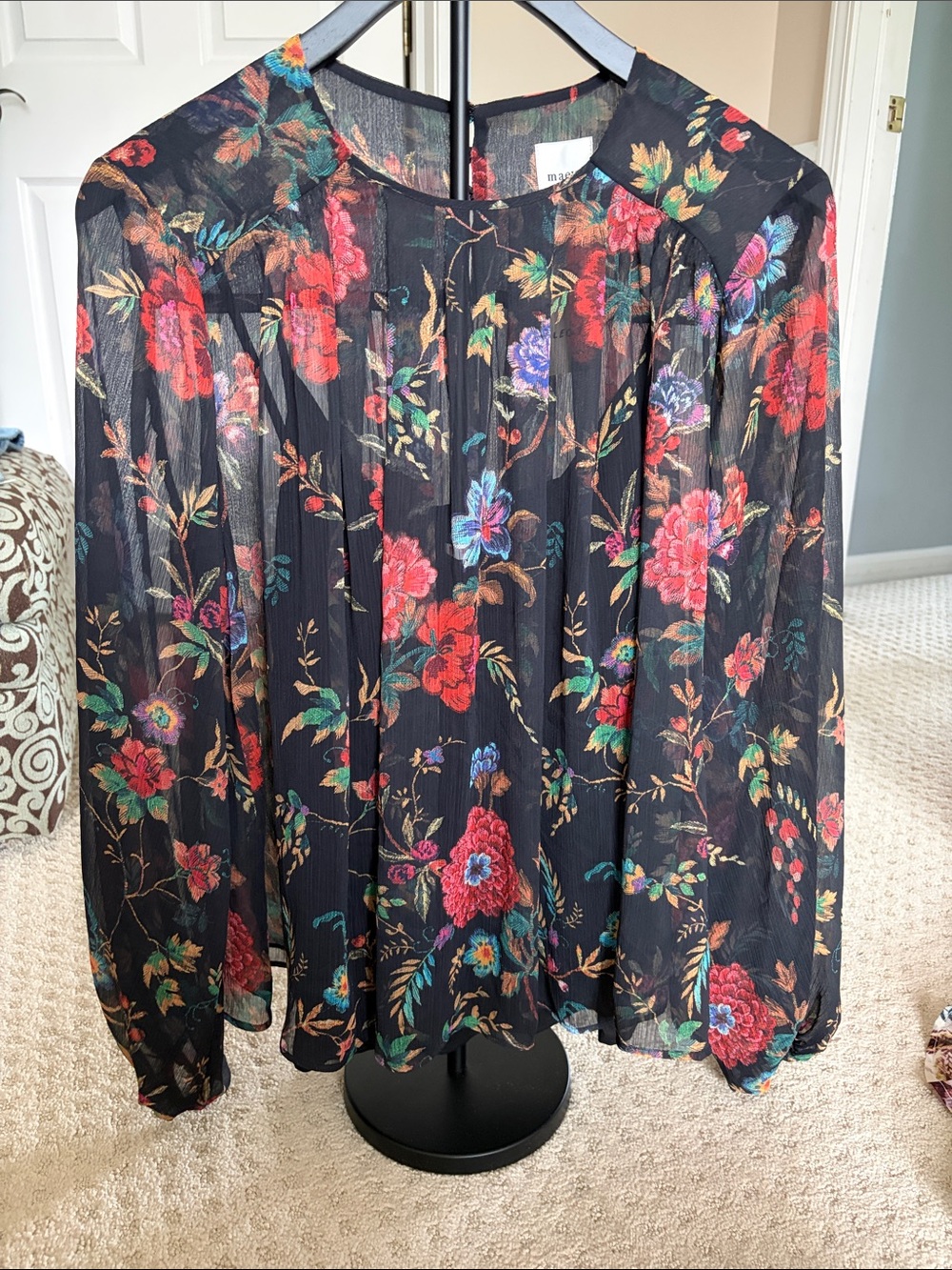 Maeve by Anthropologie Sheer Black Floral Long-Sleeve Blouse